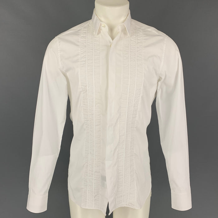 LANVIN Size M White Ruffled Cotton Tuxedo Long Sleeve Shirt