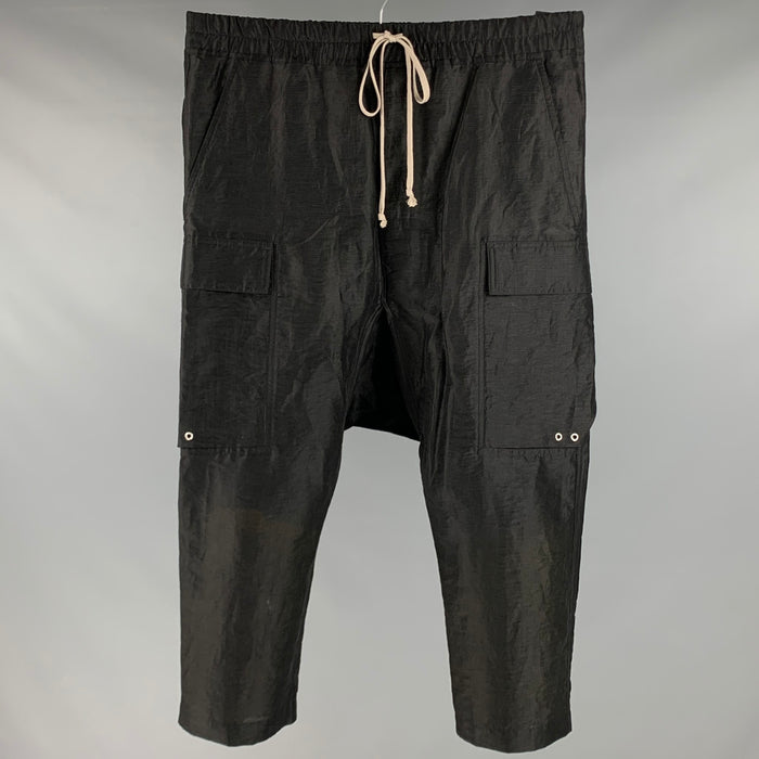 RICK OWENS SS23 Size 34 Black Textured Linen Nylon Drop-Crotch Casual Pants