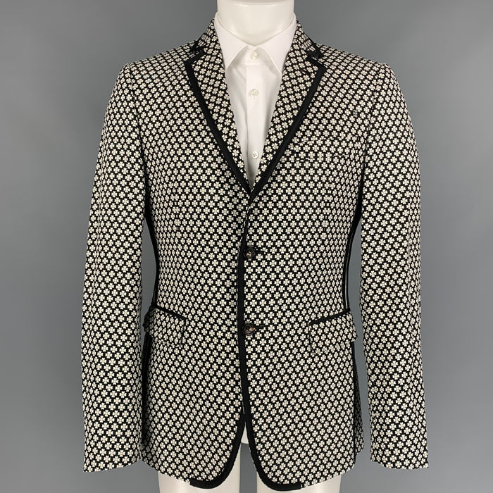 MOSCHINO Size 40 Black & White Floral Cotton / Rayon Notch Lapel Sport Coat