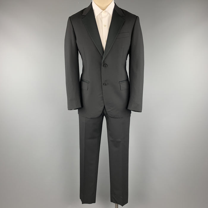 LANVIN Size 38 Black Satin Notch Lapel Two Piece Tuxedo