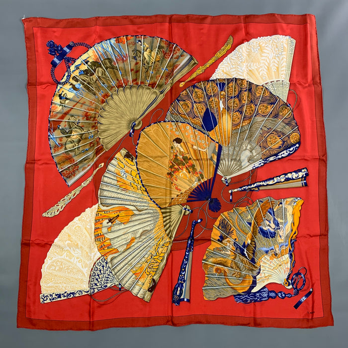 HERMES Red Gold Fan Silk Brise de Charme Scarf
