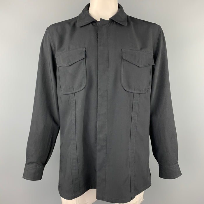 ARMANI COLLEZIONI Size L Black Polyester Patch Pocket Long Sleeve Shirt