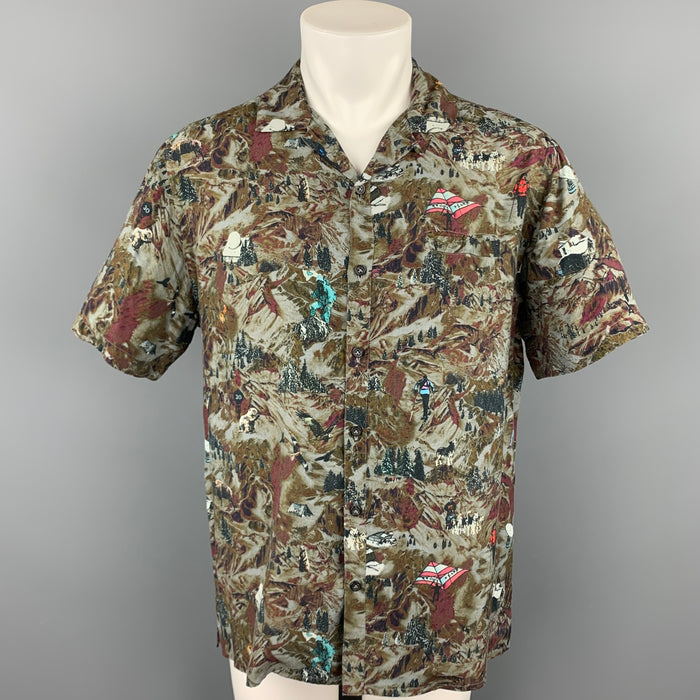 LANVIN Size L Grey & Brown Print Viscose Camp Short Sleeve Shirt