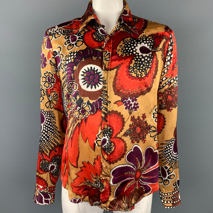 JUST CAVALLI Size XL Gold & Brown Print Silk Button Up Long Sleeve Shirt