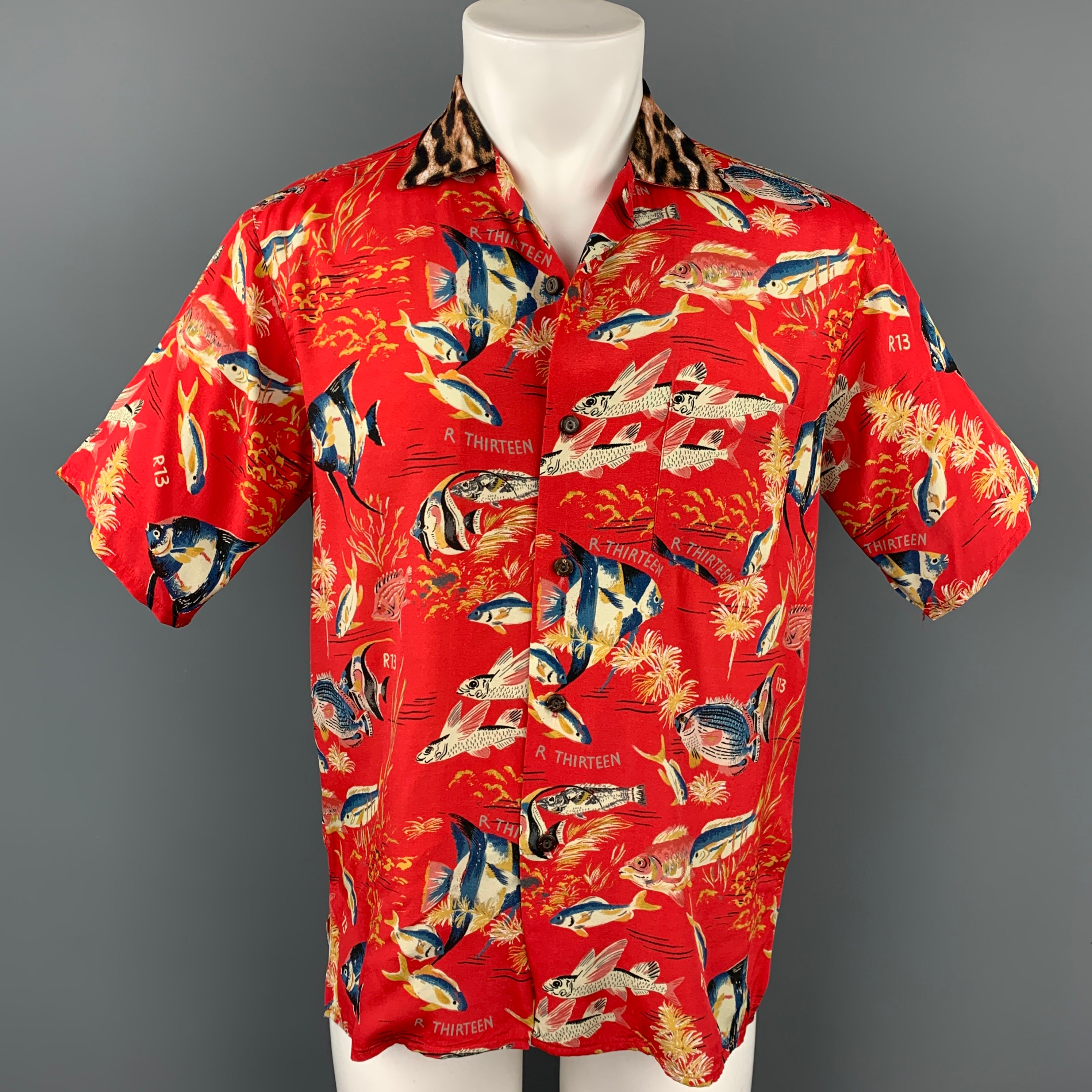 R13 Oversized Hawaiian Shirt in Red Fish & Leopard