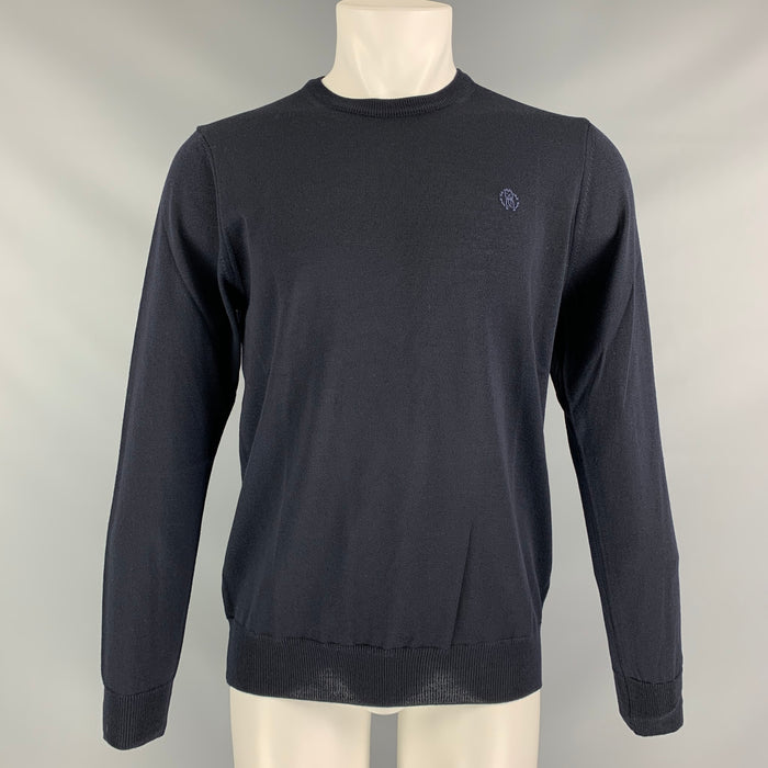 ROBERTO CAVALLI Size L Navy Solid Wool Crew-Neck Pullover