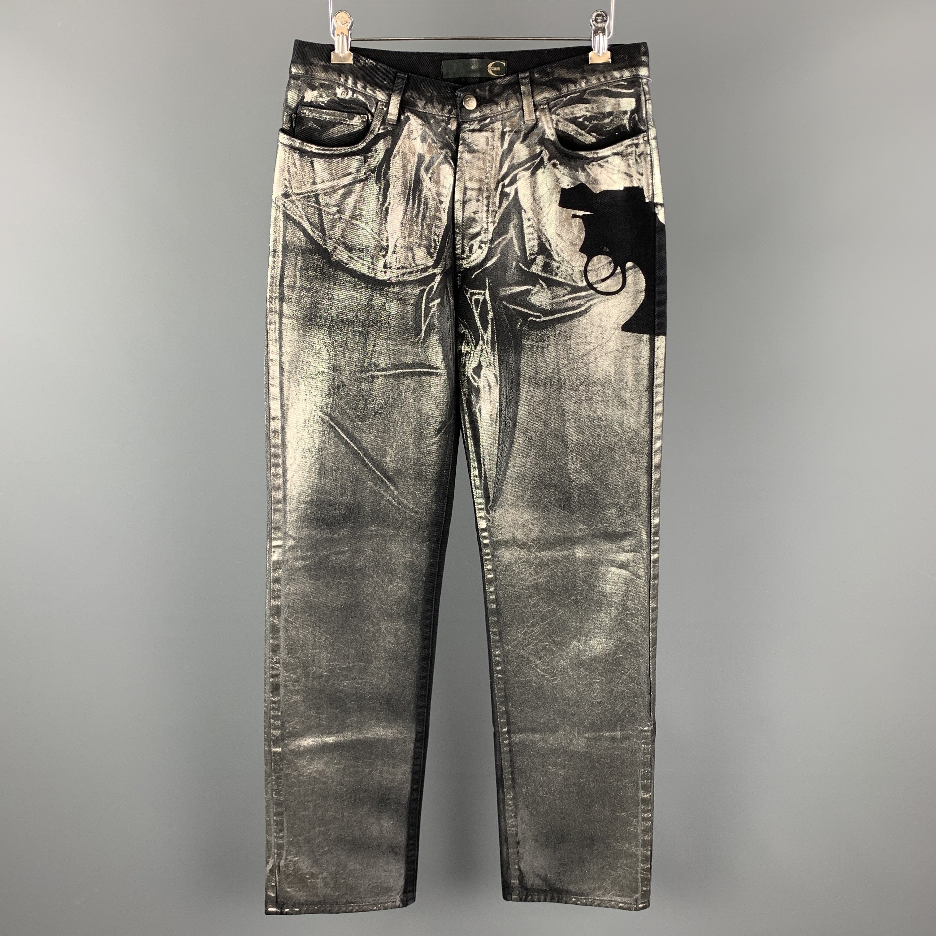 パンツ Just Cavalli Deconstructed Denim Jeans JUST CAVALLI Size 30 Black & Silver Metallic Painted Denim Pistol