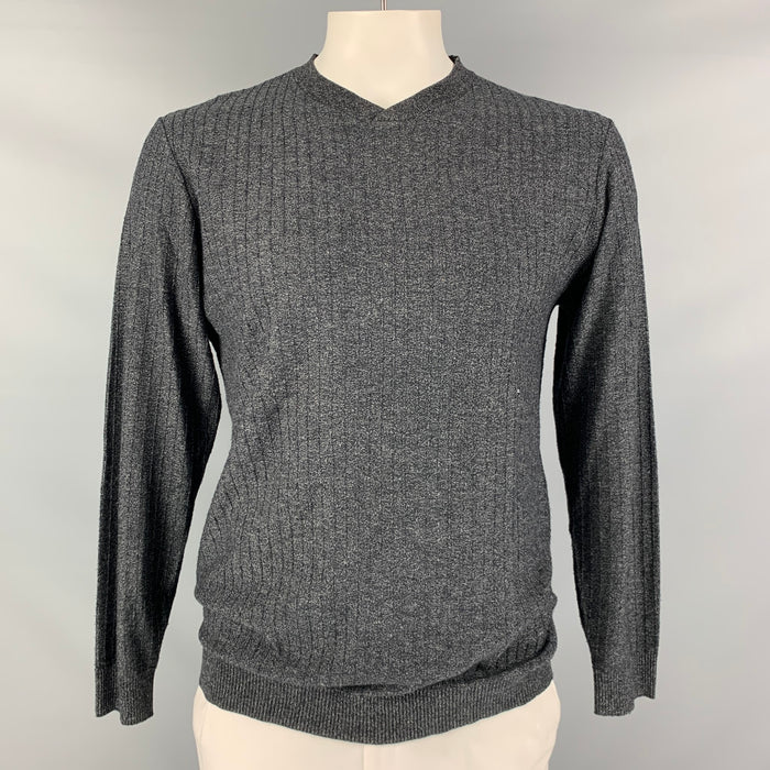 KITON Size L Black White Marble Cashmere Silk V-Neck Pullover