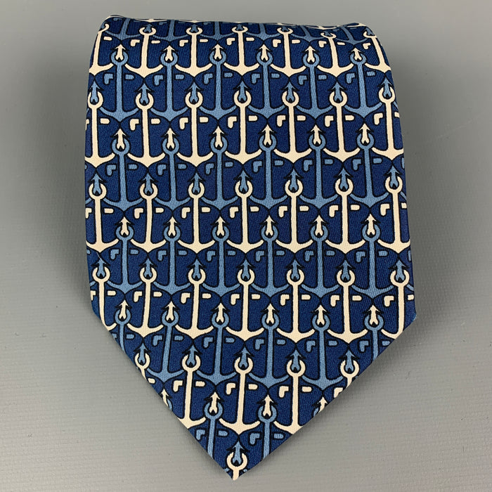 HERMES 547 1A Navy White Anchors Silk Tie