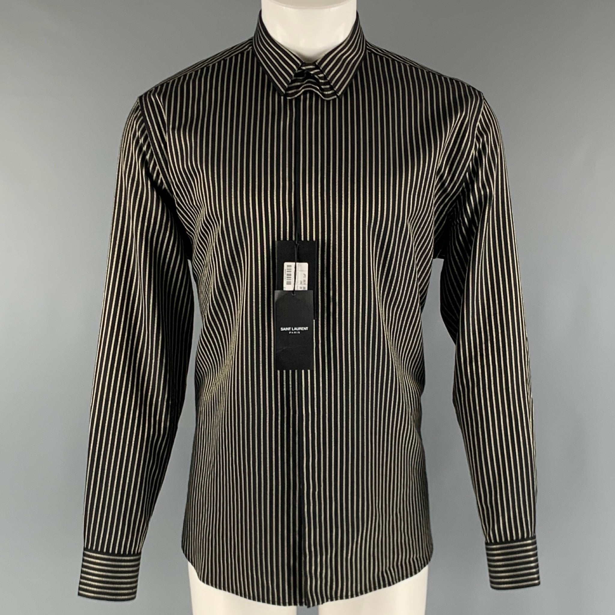 SAINT LAURENT Size M Black Gold Stripe Silk Blend Long Sleeve Shirt