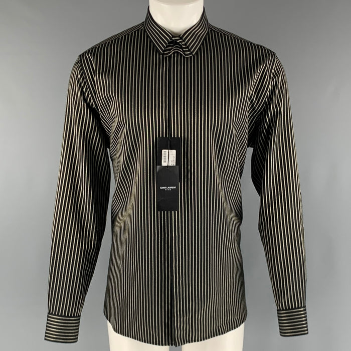 SAINT LAURENT Size M Black Gold Stripe Silk Blend Long Sleeve Shirt