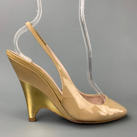 MIU MIU Size 5.5 Beige & Gold Patent Leather Pumps