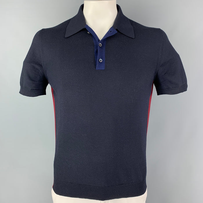 PRADA Size L Navy Burgundy Knitted Wool Buttoned Polo