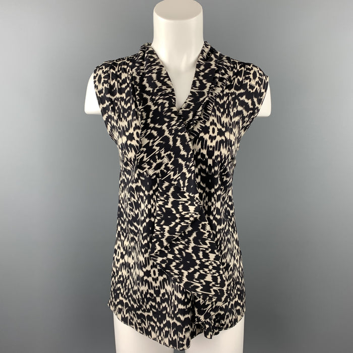 ETRO Size 12 Black & White Ikat Silk Ruffled Sleeveless Blouse