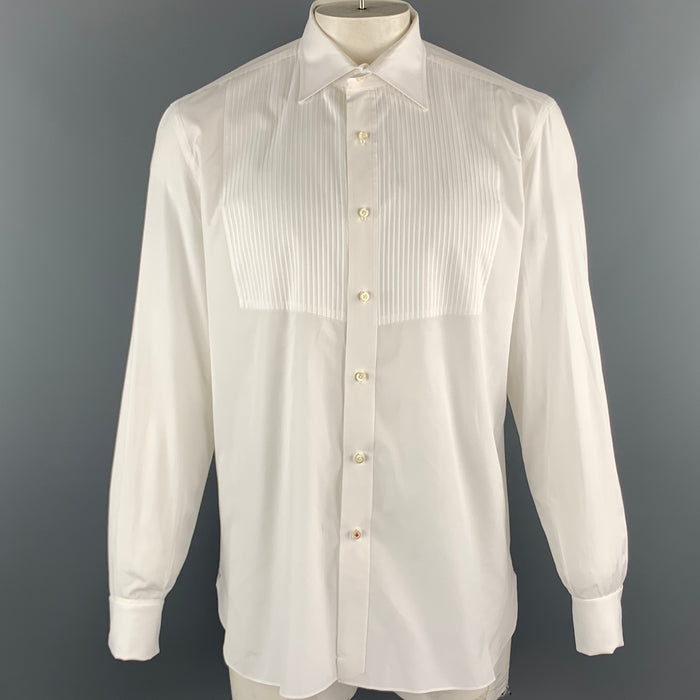 ISAIA Size XL White Solid Cotton Tuxedo Long Sleeve Shirt
