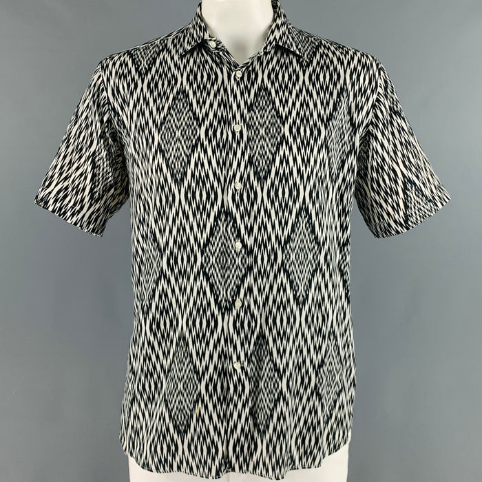 ETRO Size XL Black White Zig Zag Cotton Button Up Short Sleeve Shirt