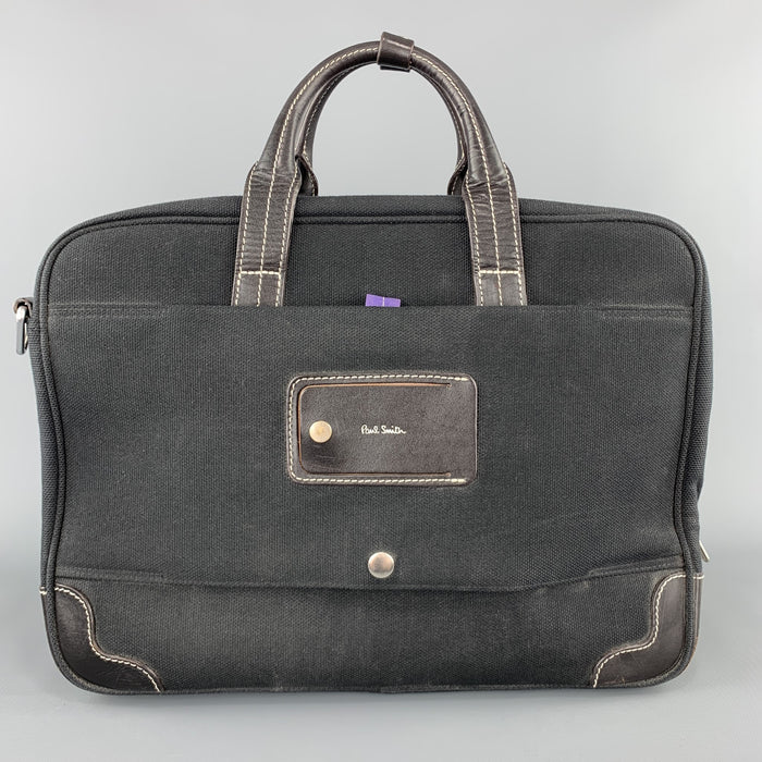 PAUL SMITH Contrast Stitch Black Canvas Leather Trim Work Bag