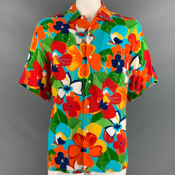 BRIONI Size L Multi-Color Floral Rayon Button Up Short Sleeve Shirt