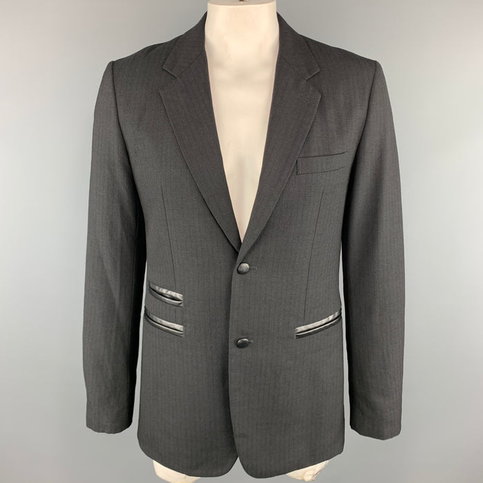 COMME des GARCONS HOMME DEUX Size XL Stripe Black on Black Wool / Mohair Leather Trim Sport Coat