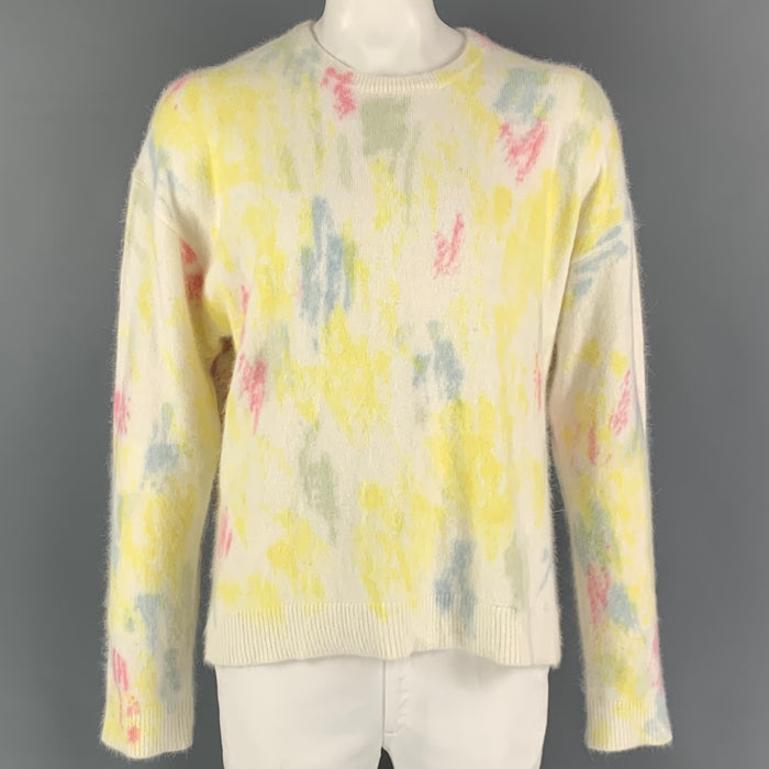 JOHN ELLIOTT Size XL Off White Yellow Painted Angora Nylon Crew-Neck Sweater
