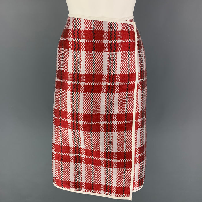 CELINE Size 2 Red Pink Polyester Blend Checkered A-Line Mid-Calf Skirt