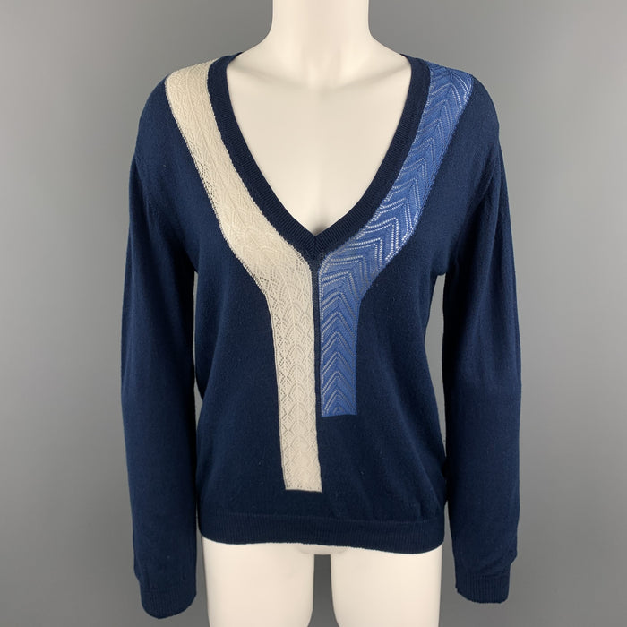 DRIES VAN NOTEN Size S Navy & cream Cotton Wool Blend V Neck Pullover