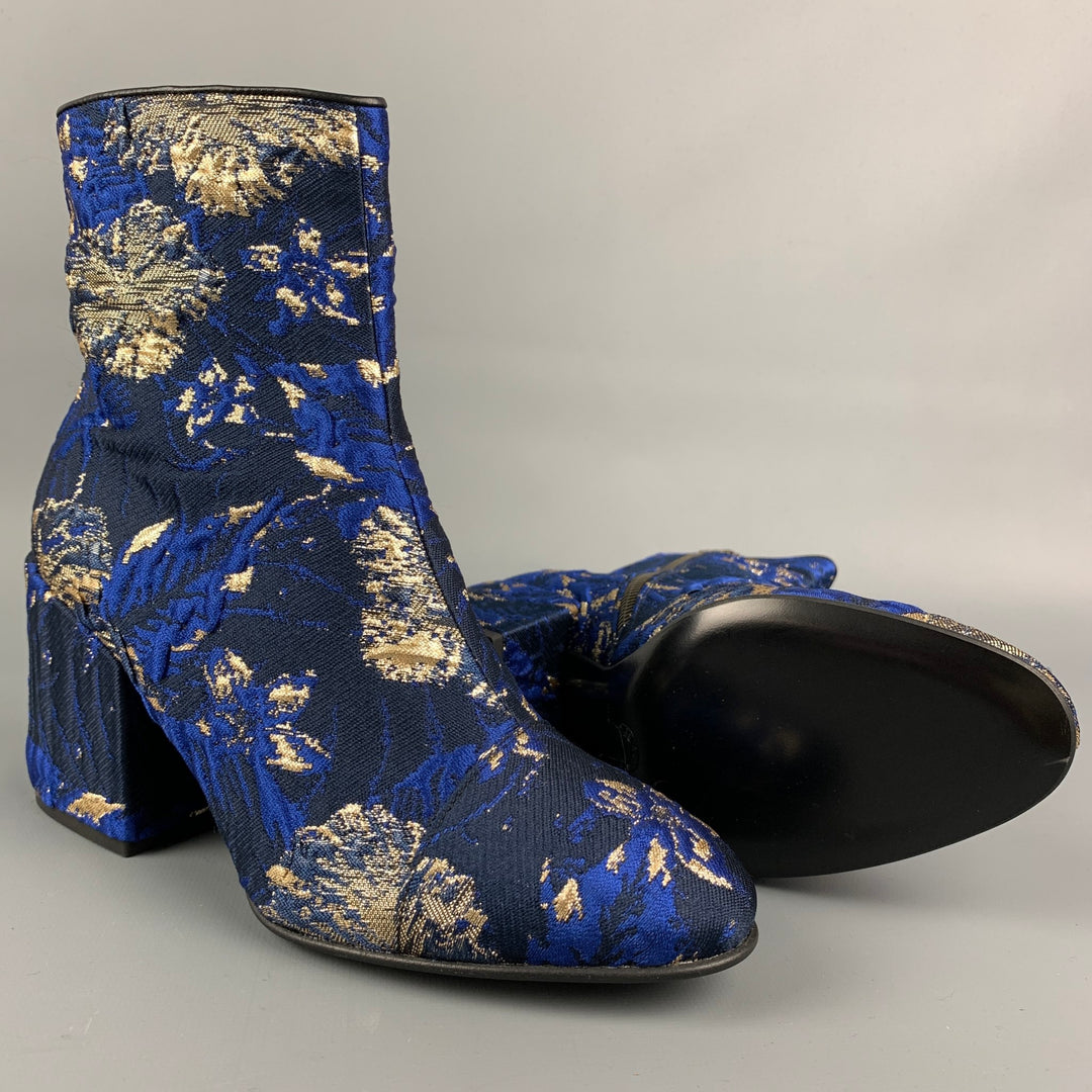 DRIES VAN NOTEN Size 6 Navy & Gold Jacquard Ankle Boots