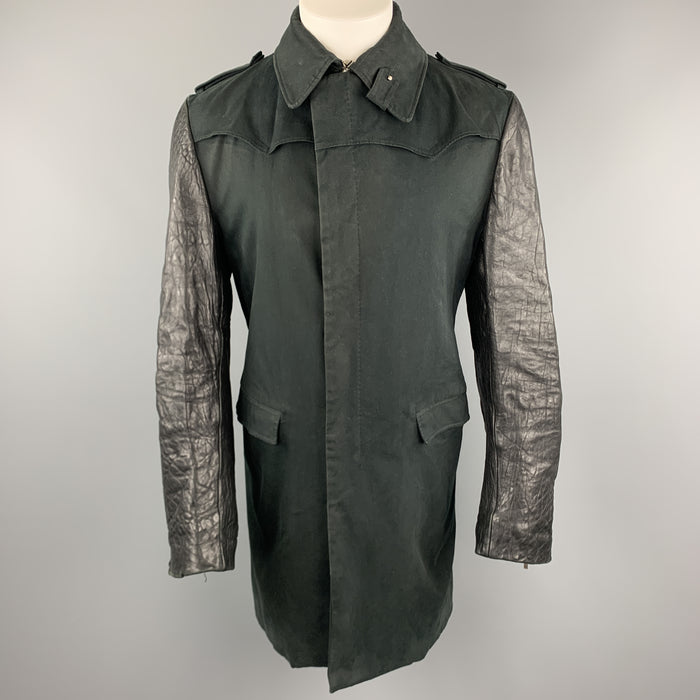 CoSTUME NATIONAL Size M Black Cotton Zip & Buttons Leather Sleeves Long Coat