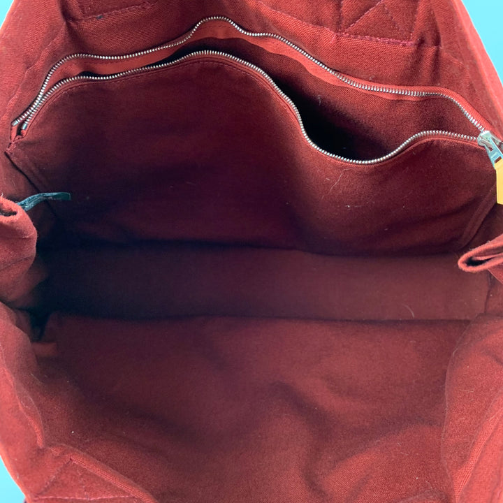 HERMES Tout Fourre Burgundy Cotton Canvas Tote Bag