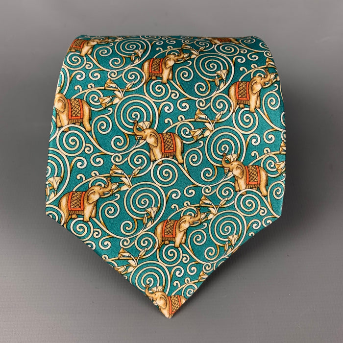 LANVIN Mint Gold Elephant Print Silk Tie