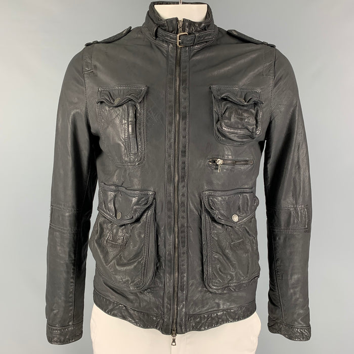 NEIL BARRETT Size L Smoke Gray Distressed Leather Utility Jacket