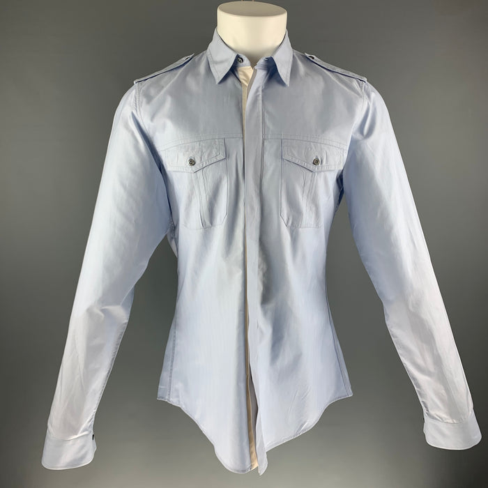 GUCCI Size S Light Blue Solid Cotton Patch Pockets Long Sleeve Shirt