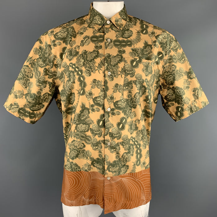 DRIES VAN NOTEN Size XL Gold & Green Floral Cotton Bronze Hem Short Sleeve Shirt