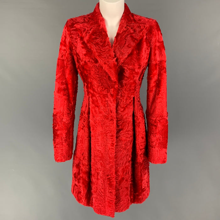 GIAMBATTISTA VALLI Size 6 Red Textured Lamb Shearling Snaps Coat