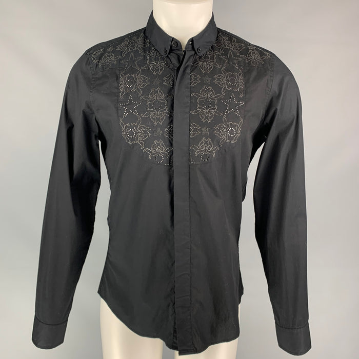 VERSACE JEANS Size S Black Beaded Cotton Hidden Placket Long Sleeve Shirt