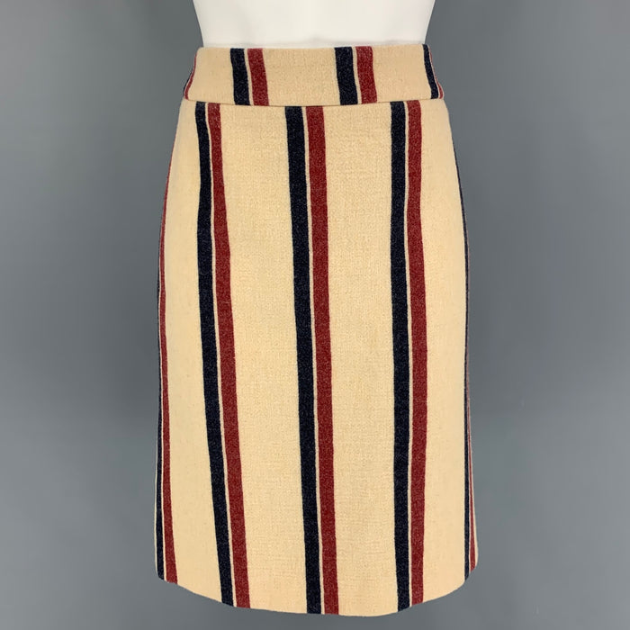 DRIES VAN NOTEN Size 8 Cream Red Navy Wool Polyamide Stripe Pencil Skirt