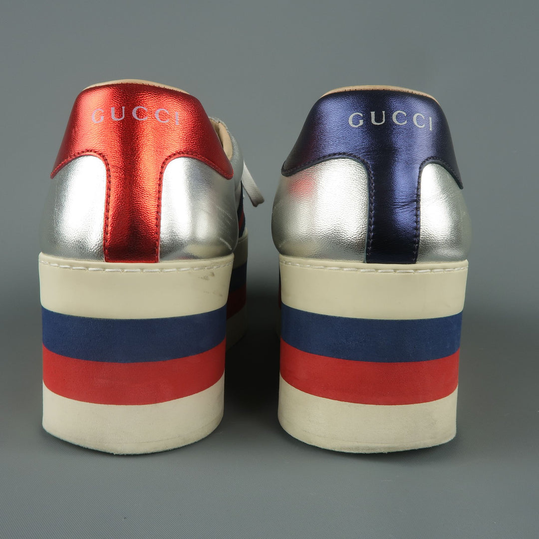 GUCCI US 8 / UK 7 Silver Metallic Leather Striped Platform Sneakers