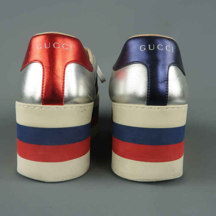 GUCCI US 8 / UK 7 Silver Metallic Leather Striped Platform Sneakers