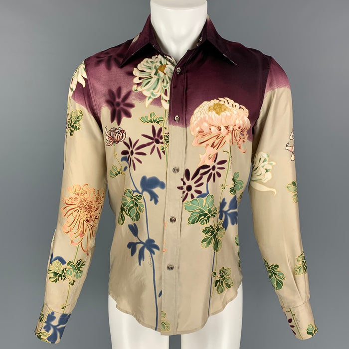 GUCCI by Tom Ford 2001 Size S Beige Floral Silk Button Up Long Sleeve Shirt