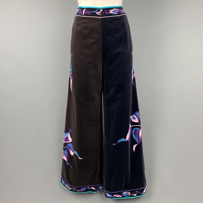 EMILIO PUCCI Vintage Size 14 Black & Brown Blue & Purple Floral Velvet Pants