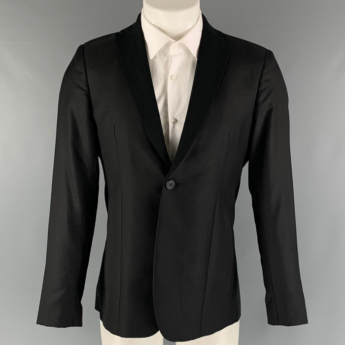 EMPORIO ARMANI Chest Size 38 Black Solid Wool Silk Notch Lapel Sport Coat