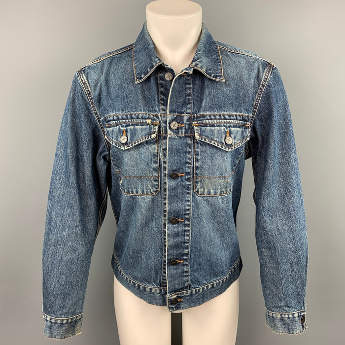 STONE ISLAND Size L Indigo Distressed Denim Trucker Jacket