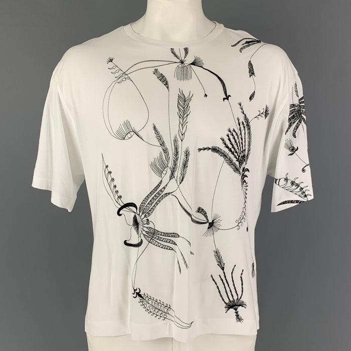DRIES VAN NOTEN Size S White Black Embroidery Cotton Crew-Neck T-shirt
