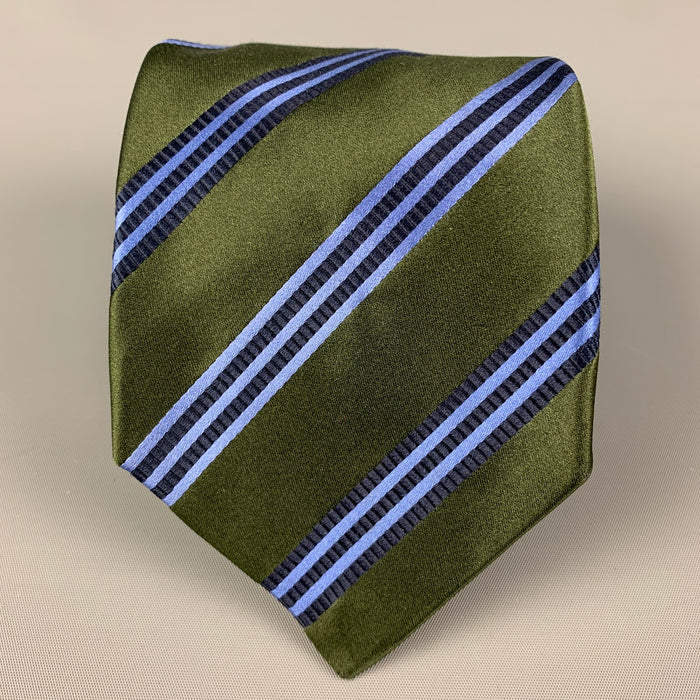 KITON Green Blue Diagonal Stripe Silk Tie