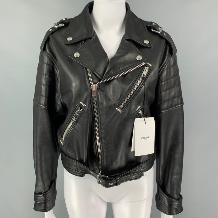 CELINE Chaqueta corta de moto de cuero negro talla 6