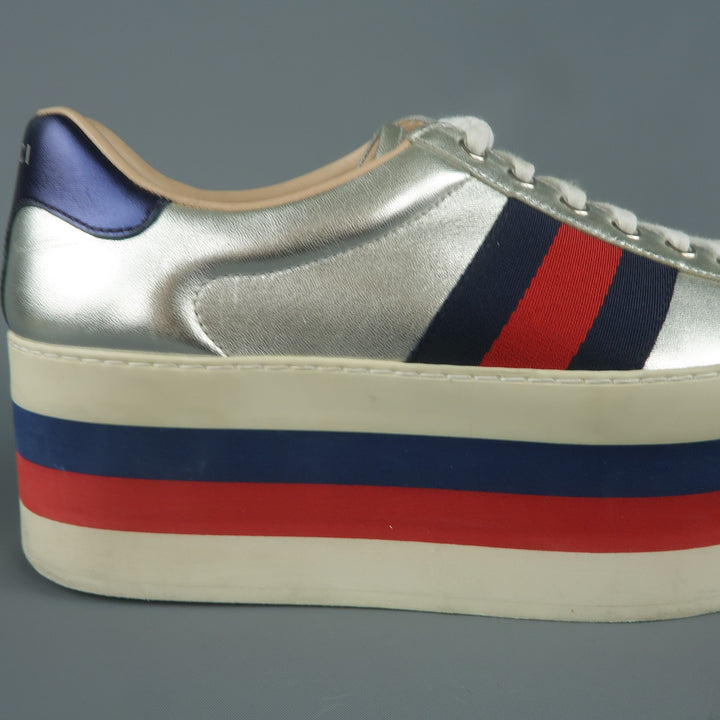 GUCCI US 8 / UK 7 Silver Metallic Leather Striped Platform Sneakers