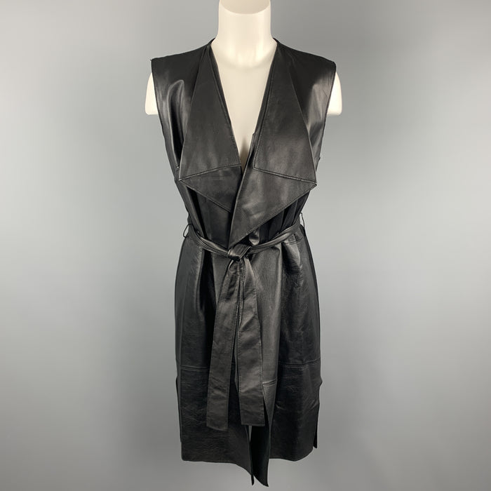 ST. JOHN Size S Black Draped Leather Front Wool Blend Knit Back Vest Coat