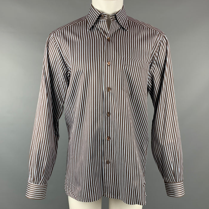 ERMENEGILDO ZEGNA Size M Brown & Light Blue Stripe Cotton Long Sleeve Shirt