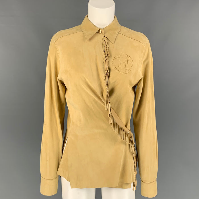 HERMES Size 6 Beige Suede Perforated Faux Wrap Blouse