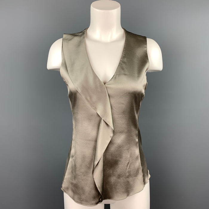 ARMANI COLLEZIONI Size 4 Silver Satin Silk Ruffle V-Neck Blouse